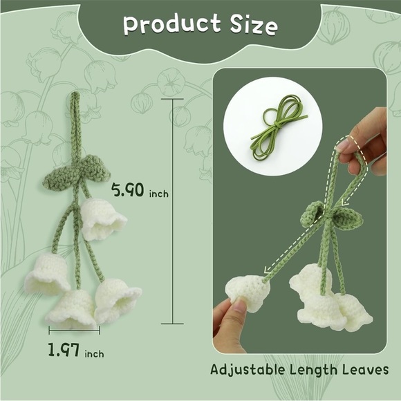 Handmade Woven Bell White Flower Plant Pot Knit Car Mirror Hanging Accessory - Picture 4 of 10